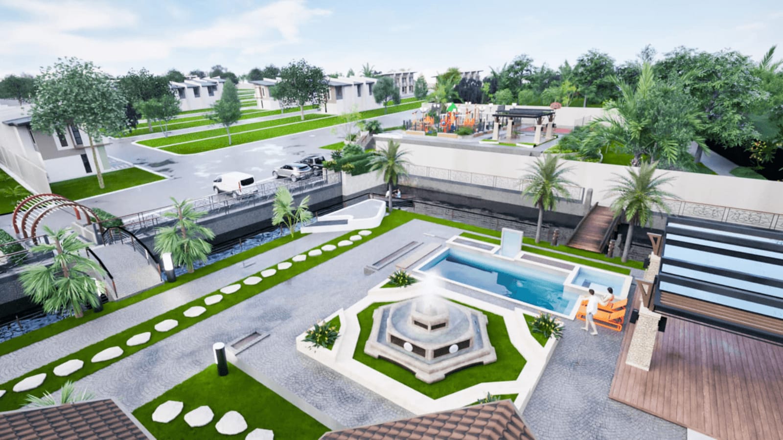 Artist's rendering of the WealthInvest Culianan community with clubhouse, pool, and rows of houses